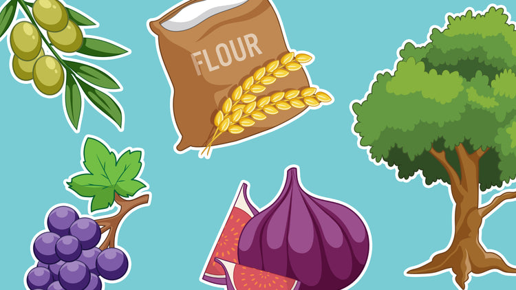 Tu B'shevat puppets, visual aids and coloring pages to help you teach about Tu B'shevat and the Shivat Haminim - 7 species of Israel.
