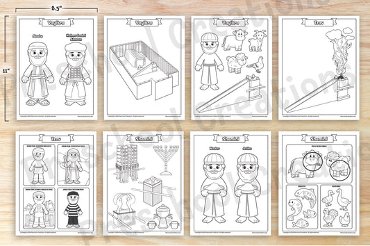 21 Coloring pages for your students to enjoy, depicting scenes and puppets from each parsha in Sefer Vayikra. The korbanot, kosher animals, the mishkan and many mitzvot in this chumash and more. Bring your parsha lessons to life with these Parsha coloring pages featuring the adorable puppets and engaging artwork for your lessons.