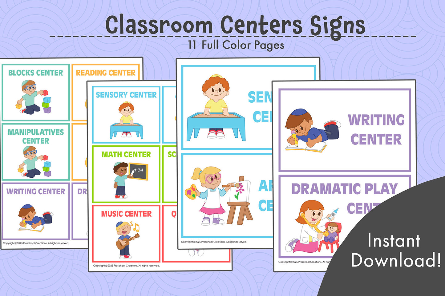 Set of 14 colorful preschool classroom center signs plus 2 blank templates, featuring inclusive illustrations of Jewish kids, available in 2 sizes for easy printing.
