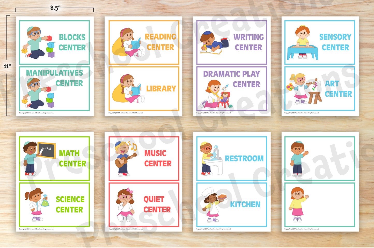 Set of 14 colorful preschool classroom center signs plus 2 blank templates, featuring inclusive illustrations of Jewish kids, available in 2 sizes for easy printing.