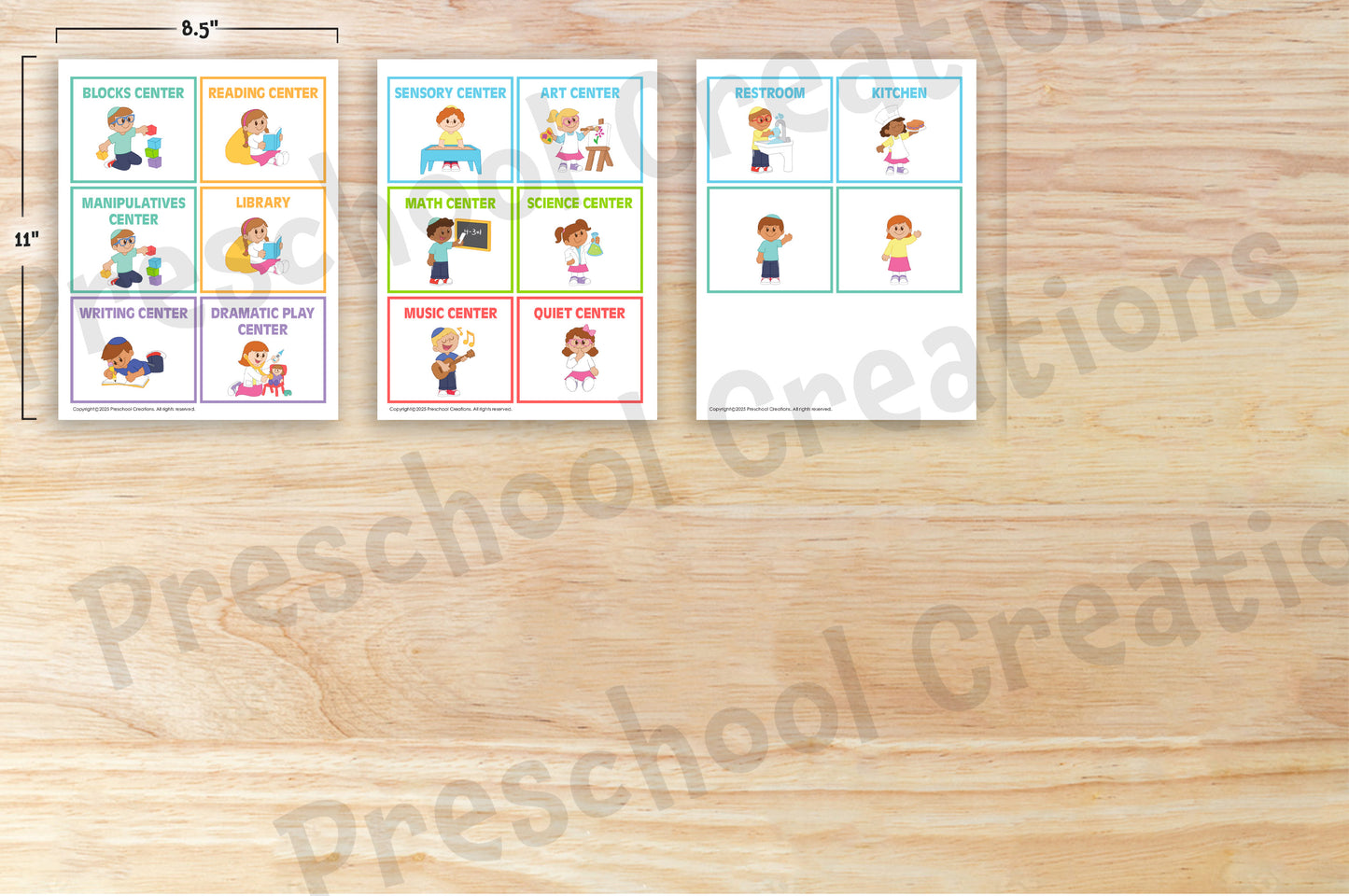 Set of 14 colorful preschool classroom center signs plus 2 blank templates, featuring inclusive illustrations of Jewish kids, available in 2 sizes for easy printing.