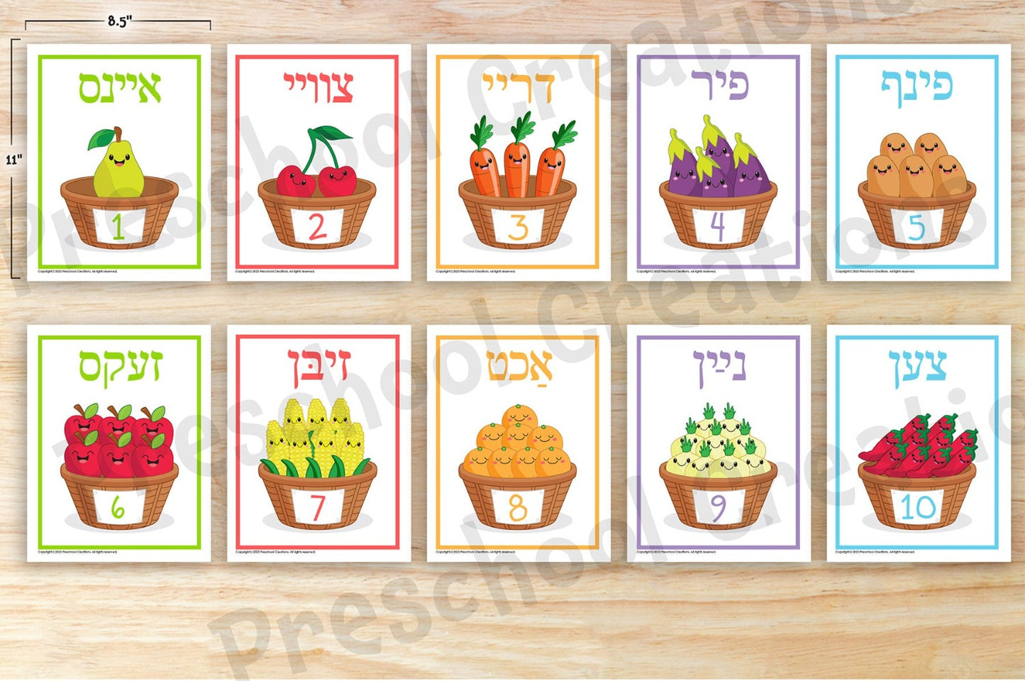 10 pages of full color posters depicting numbers 1-10 in Yiddish. Help your children learn Yiddish numbers in a fun and engaging way with our Counting 1-10 posters in Yiddish! With 10 full-color posters featuring numbers 1-10 in vivid Yiddish, accompanied by captivating illustrations, your children will learn counting quickly and easily. What are you waiting for? Start your children on the path of learning Yiddish numbers today! This product is a PDF digital download.