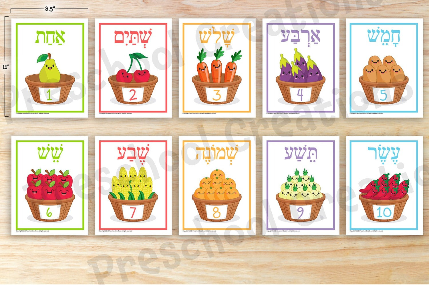 10 pages of full color posters  Help your children learn Hebrew numbers in a fun and engaging way with our Counting 1-10 posters in Hebrew!  With 10 full-color posters featuring numbers 1-10 in vivid Hebrew, accompanied by captivating illustrations, your children will learn counting quickly and easily.  What are you waiting for? Start your children on the path of learning Hebrew numbers today