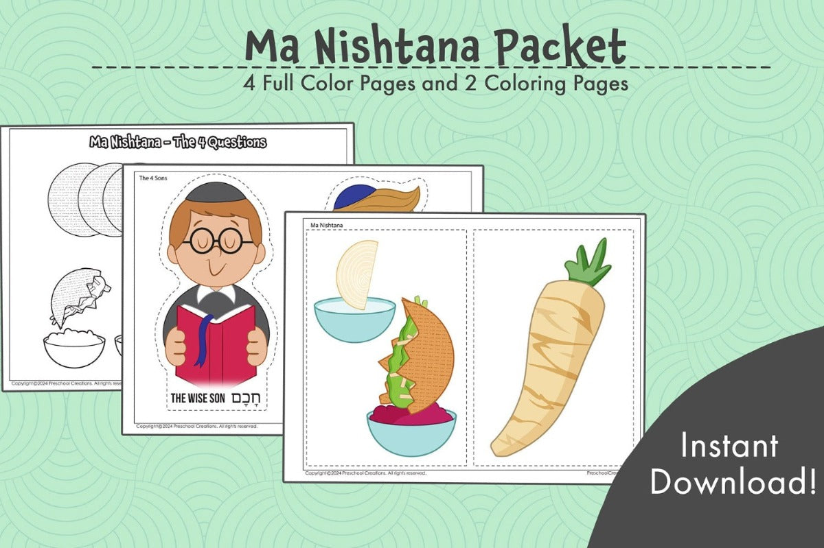 <p>4 Full color pages and 2 Black and white coloring pages depicting the Ma Nishtana / 4 questions and the 4 sons for Pesach.</p> <p>This set includes full color images of the Ma Nishtana - the 4 questions asked at the seder along with a coloring page.</p> <p>It also includes full color images of the <em>arba banim - </em>the 4 sons we speak about at the seder, along with a coloring page.</p>