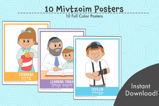 10 Beautiful full color posters depicting the 10 Mivtzoim / 10 Mitzvah campaigns initiated by the Lubavitcher Rebbe.  Bring the spirit of the Rebbe's 10 mitzvah campaigns into your classroom and home with our bright and vibrant posters. These eye-catching posters serve as a daily reminder to fulfill these important mitzvot and spread awareness of these mitzvos to bring Moshiach now!