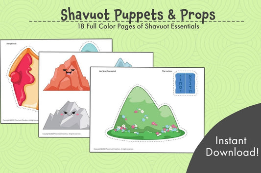 18 Full color pages of adorable Puppets and Props/Bulletin Board Decor for the holiday of Shavuot / Shavuos. Create an immersive Shavuot learning experience with these puppets & props. Perfect for a bulletin board display, or visual aids for teaching, these decorations bring the holiday of Shavuot to life - from receiving the Torah to the story of the mountains fighting, Megillat Rut, and customs of Shavuot. With these puppets, learning is fun!
