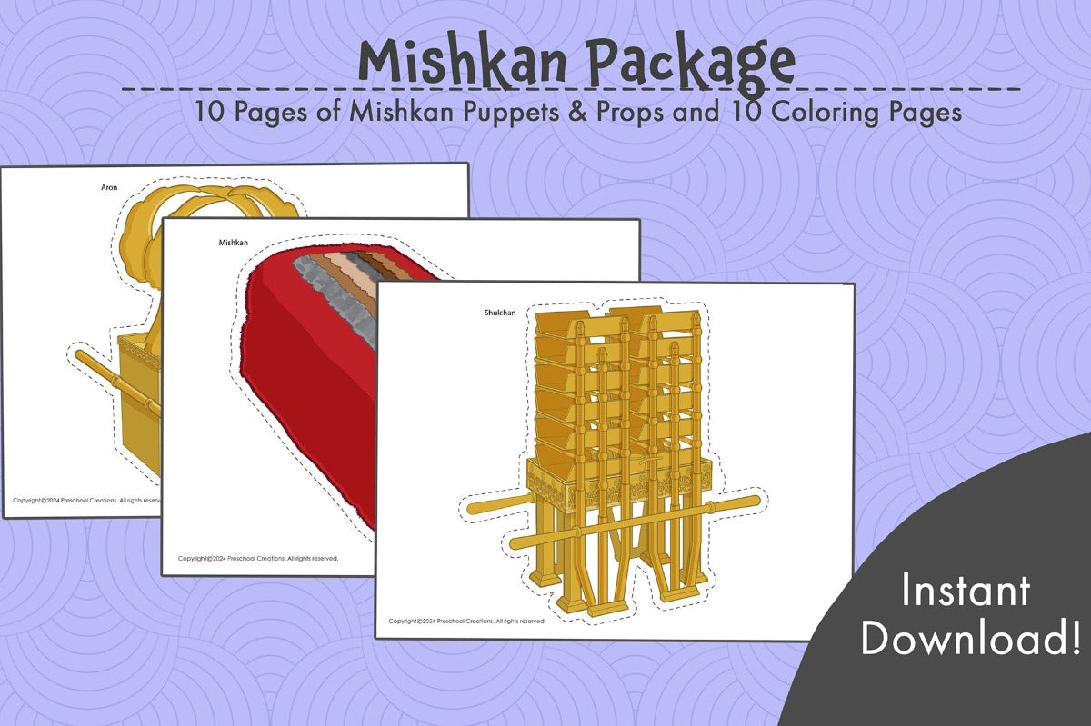 10 Full color pages of puppets and props for the Mishkan and Beis Hamikdash. This set will help you teach Parshas Teruma, Tetzaveh, Vayakhel and Pekudei from Sefer Shemos. You can also use this set to teach about the Beis Hamikdash. It includes the Mishkan and its keilim / vessels. It also includes a kohen and kohen gadol and the Beis Hamikdash.