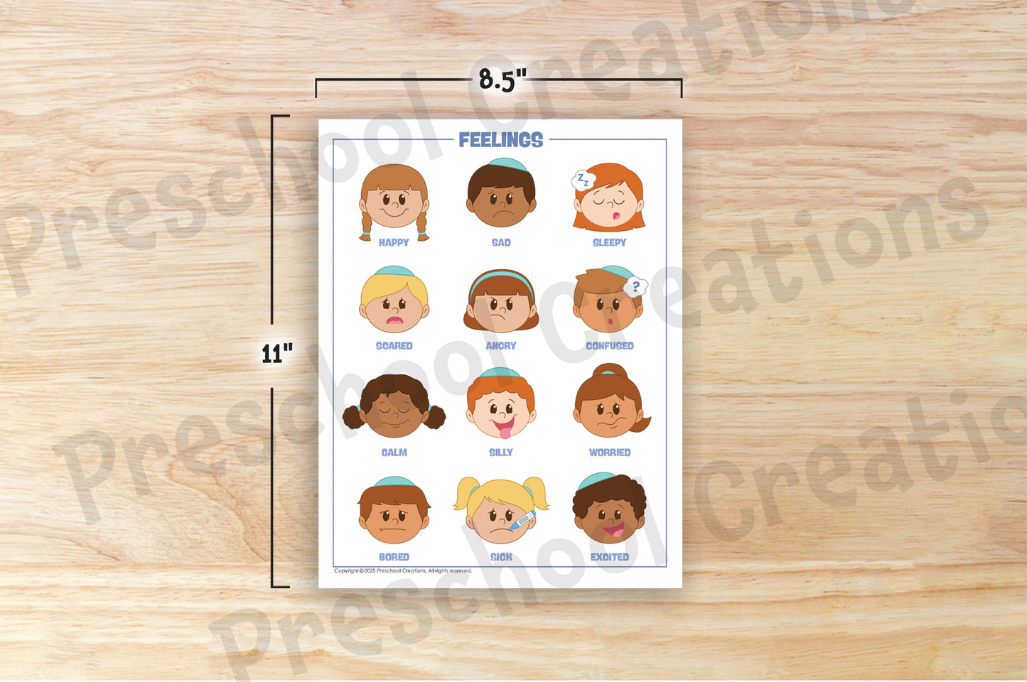 Feelings chart featuring 12 emotions with inclusive Jewish kids, available in 2 sizes for classroom or home use.