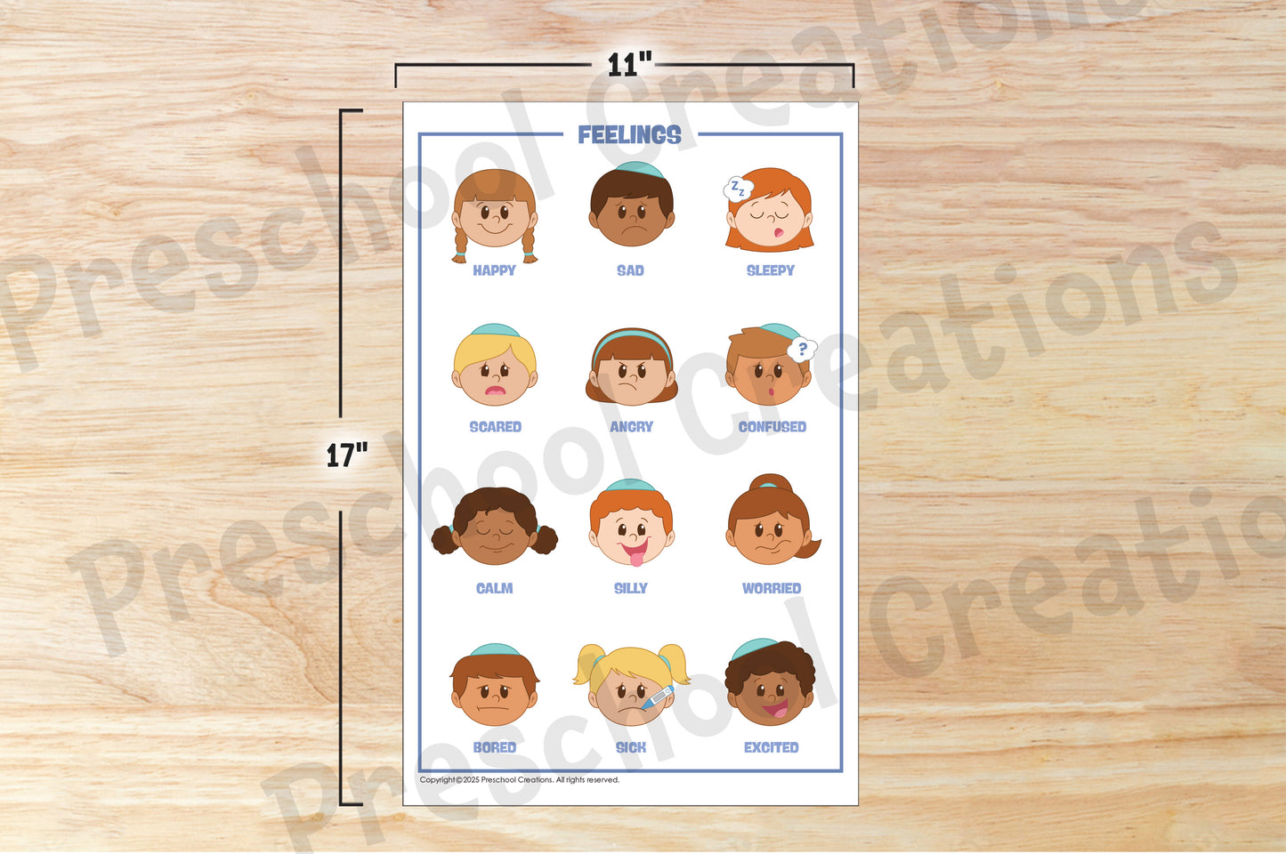 Feelings chart featuring 12 emotions with inclusive Jewish kids, available in 2 sizes for classroom or home use.