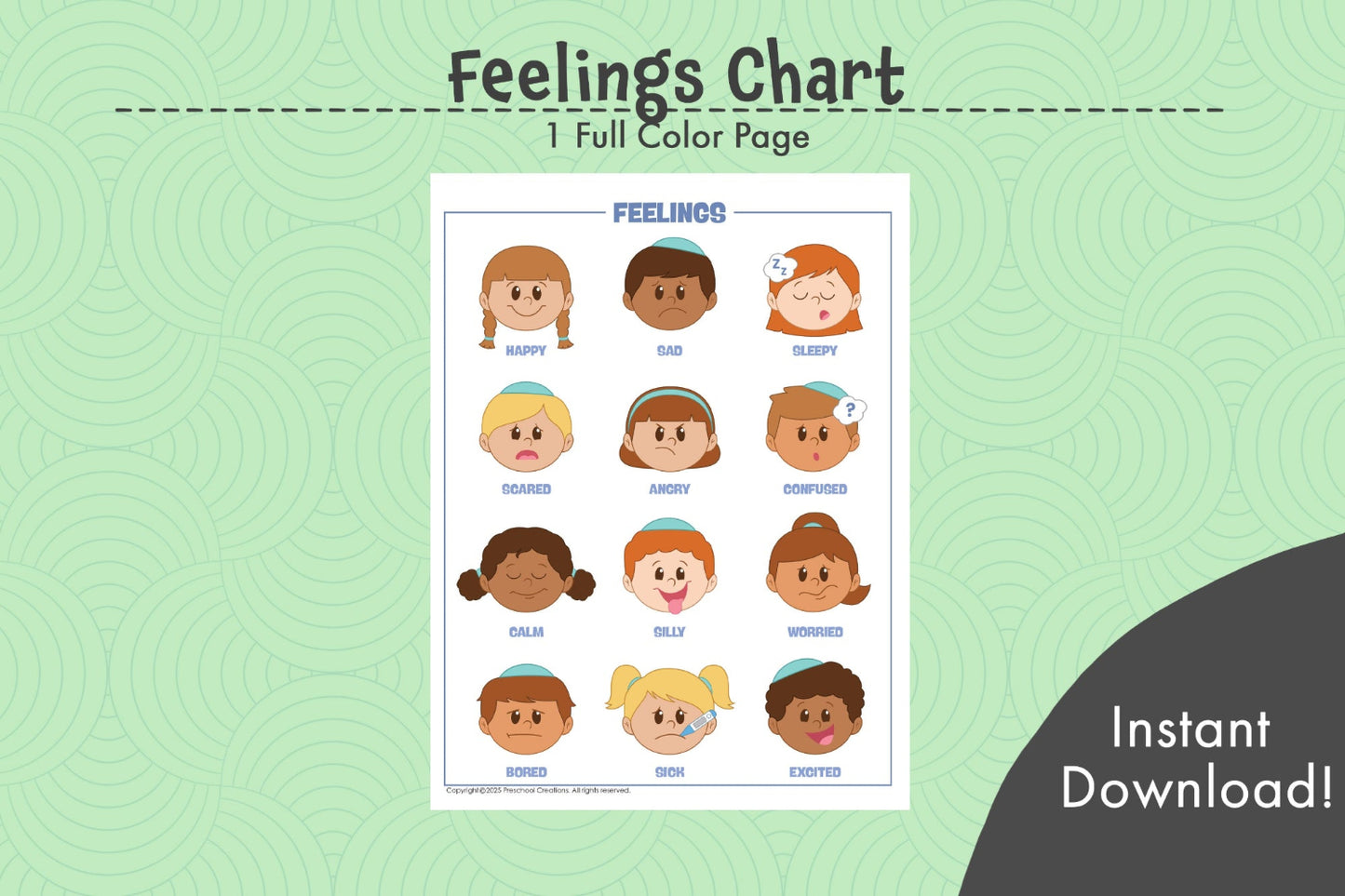 Feelings chart featuring 12 emotions with inclusive Jewish kids, available in 2 sizes for classroom or home use.