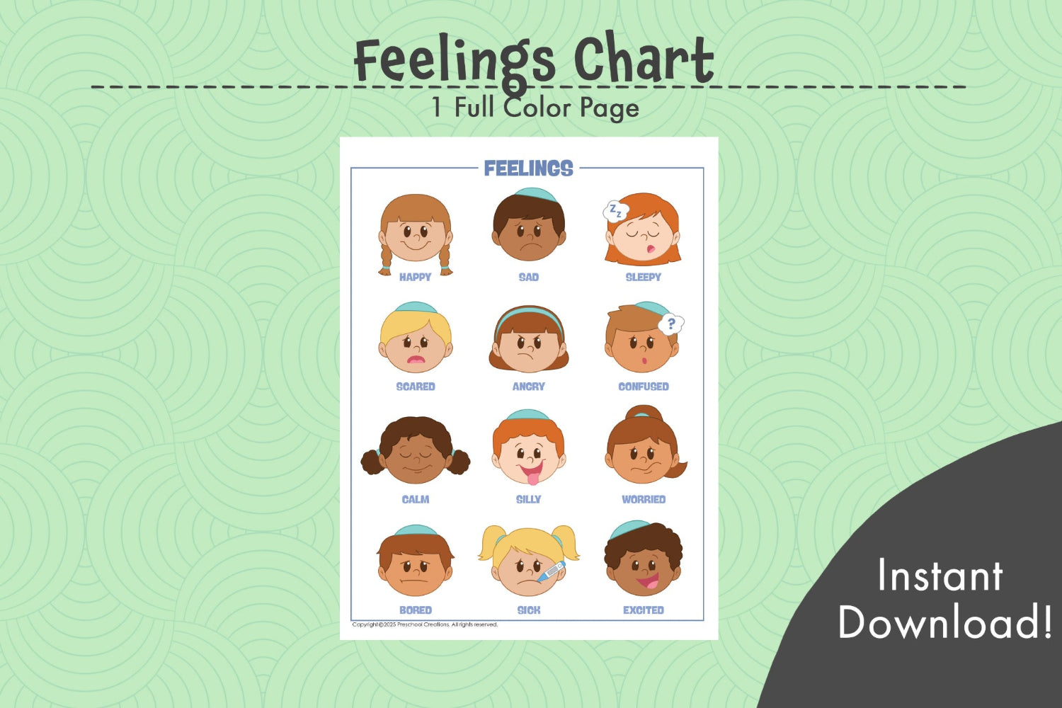 Feelings chart featuring 12 emotions with inclusive Jewish kids, available in 2 sizes for classroom or home use.
