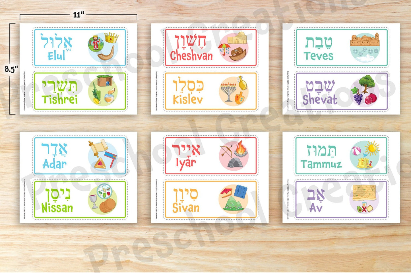 6 pages containing vibrant, full-color images showcasing each month of the Jewish calendar year in a compact, half-size format. Introduce children to the Jewish calendar with these vibrant half-size posters. Featuring engaging images for each month's Jewish holidays, these posters will add a lively atmosphere to any classroom or home bulletin board. Bring the Jewish months of the year to life with fun artwork and inspiring color!