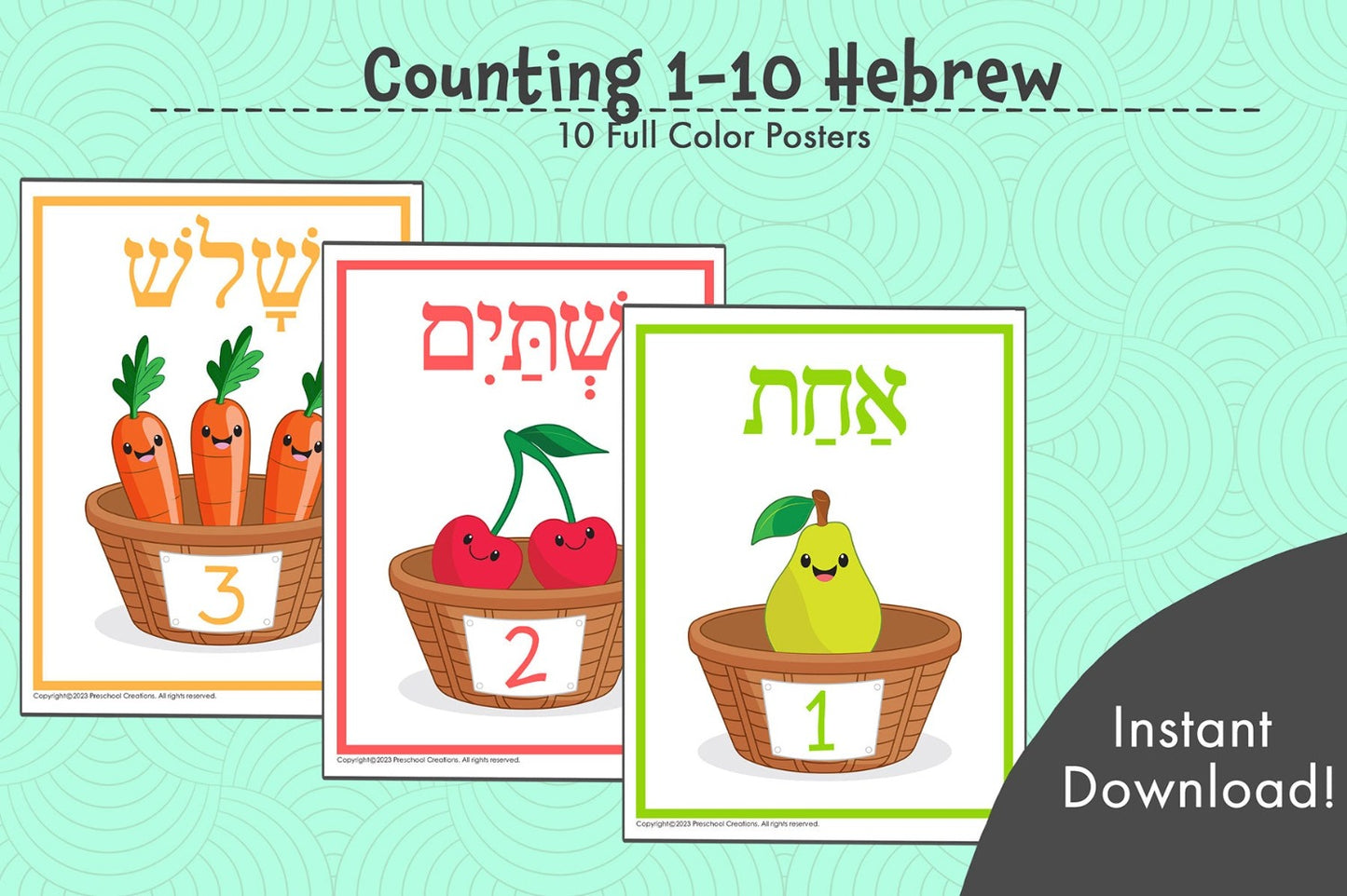 10 pages of full color posters  Help your children learn Hebrew numbers in a fun and engaging way with our Counting 1-10 posters in Hebrew!  With 10 full-color posters featuring numbers 1-10 in vivid Hebrew, accompanied by captivating illustrations, your children will learn counting quickly and easily.  What are you waiting for? Start your children on the path of learning Hebrew numbers today