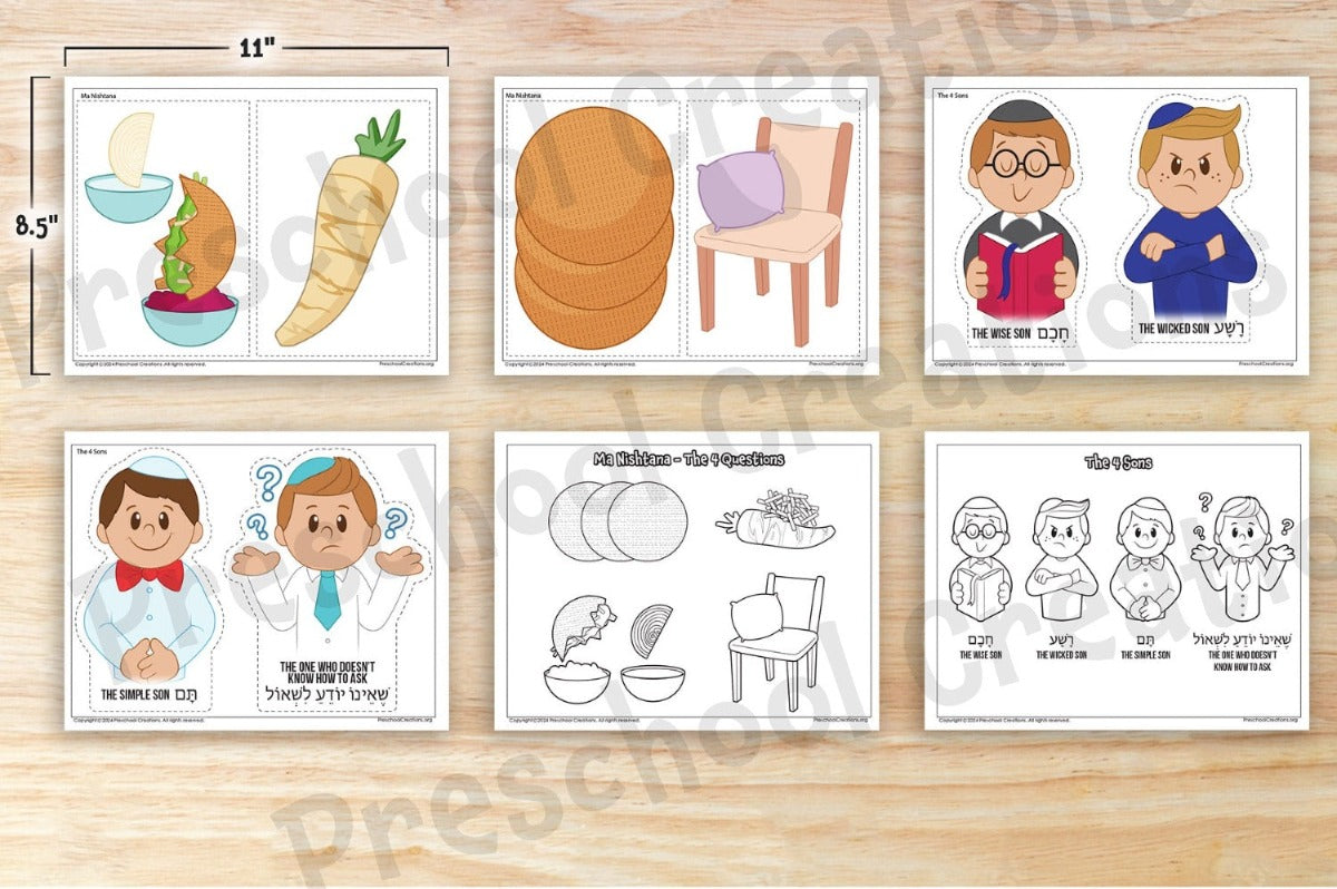 <p>4 Full color pages and 2 Black and white coloring pages depicting the Ma Nishtana / 4 questions and the 4 sons for Pesach.</p> <p>This set includes full color images of the Ma Nishtana - the 4 questions asked at the seder along with a coloring page.</p> <p>It also includes full color images of the <em>arba banim - </em>the 4 sons we speak about at the seder, along with a coloring page.</p>
