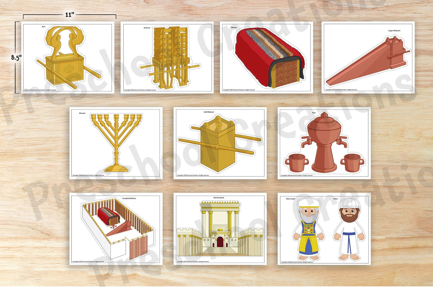 10 Full color pages of puppets and props for the Mishkan and Beis Hamikdash. This set will help you teach Parshas Teruma, Tetzaveh, Vayakhel and Pekudei from Sefer Shemos. You can also use this set to teach about the Beis Hamikdash. It includes the Mishkan and its keilim / vessels. It also includes a kohen and kohen gadol and the Beis Hamikdash.