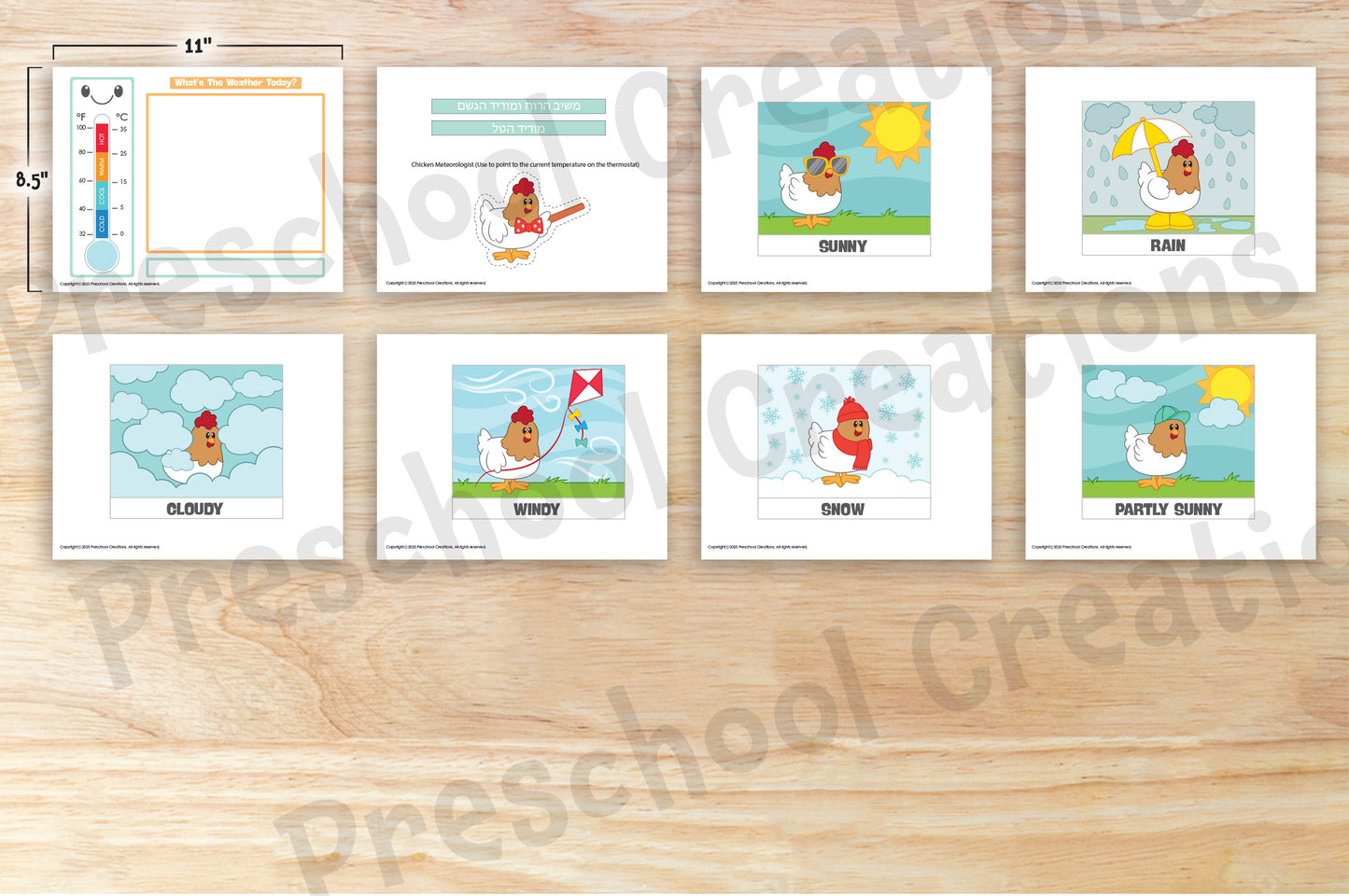 Weather chart featuring a box for current weather, a thermometer with a chicken meteorologist pointing to temperature, and space for seasonal tefillah phrases, available in 2 sizes.