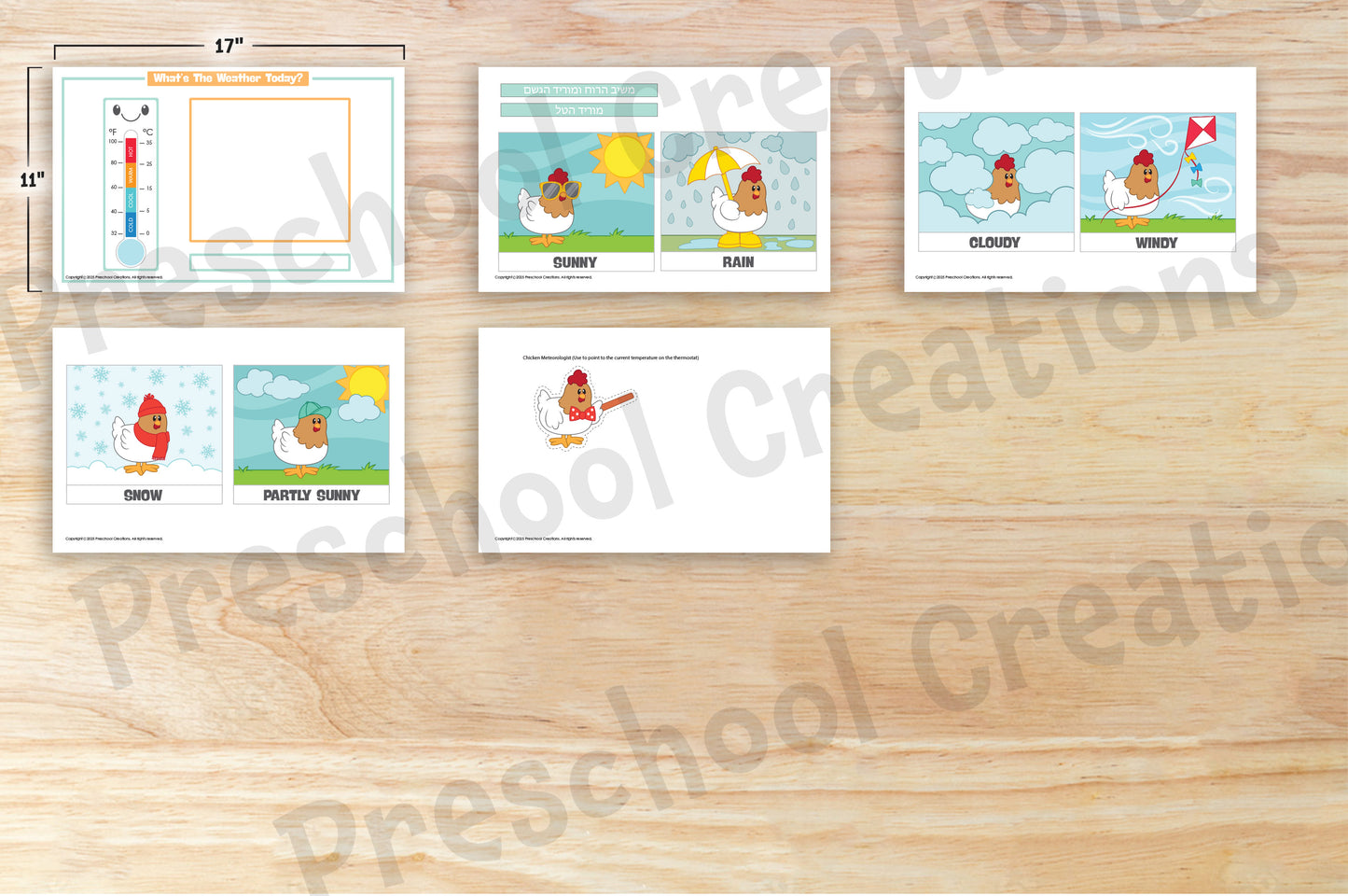 Weather chart featuring a box for current weather, a thermometer with a chicken meteorologist pointing to temperature, and space for seasonal tefillah phrases, available in 2 sizes.