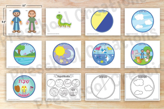 6 days of creation, parshat bereishit, genesis, adam and eve, adam and chava, shabbat, shabbos puppets and coloring pages
