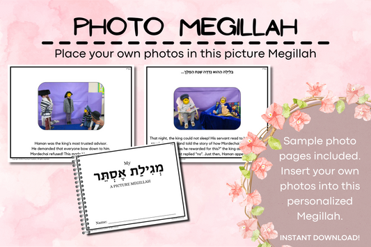 19 pages of the Purim Megillah story with space to place your own pictures along with the 4 mitzvos of Purim. Available in Full page size, Half page size and Quarter page size.  Includes sample photos for each page.  Are you looking for a personalized Megillah that you can add your own photos to?  Dress up your class or your family and act out the Purim story. Take photos! Paste into the Megillah.