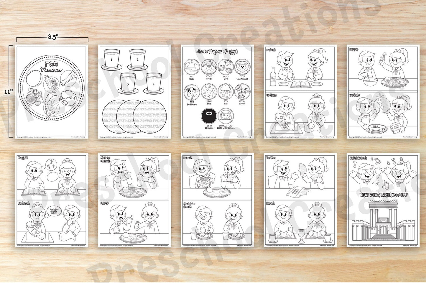 10 Black and white coloring pages depicting scenes from the Pesach seder and all the steps of the seder. Coloring pages are a great addition to your Pesach unit, you can send them home with your students to color while their parents prepare for Pesach/passover or use them in class.