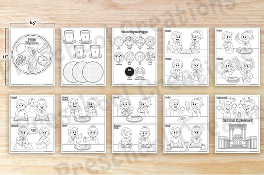 10 Black and white coloring pages depicting scenes from the Pesach seder and all the steps of the seder.  Coloring pages are a great addition to your Pesach unit, you can send them home with your students to color while their parents prepare for Pesach/passover or use them in class.