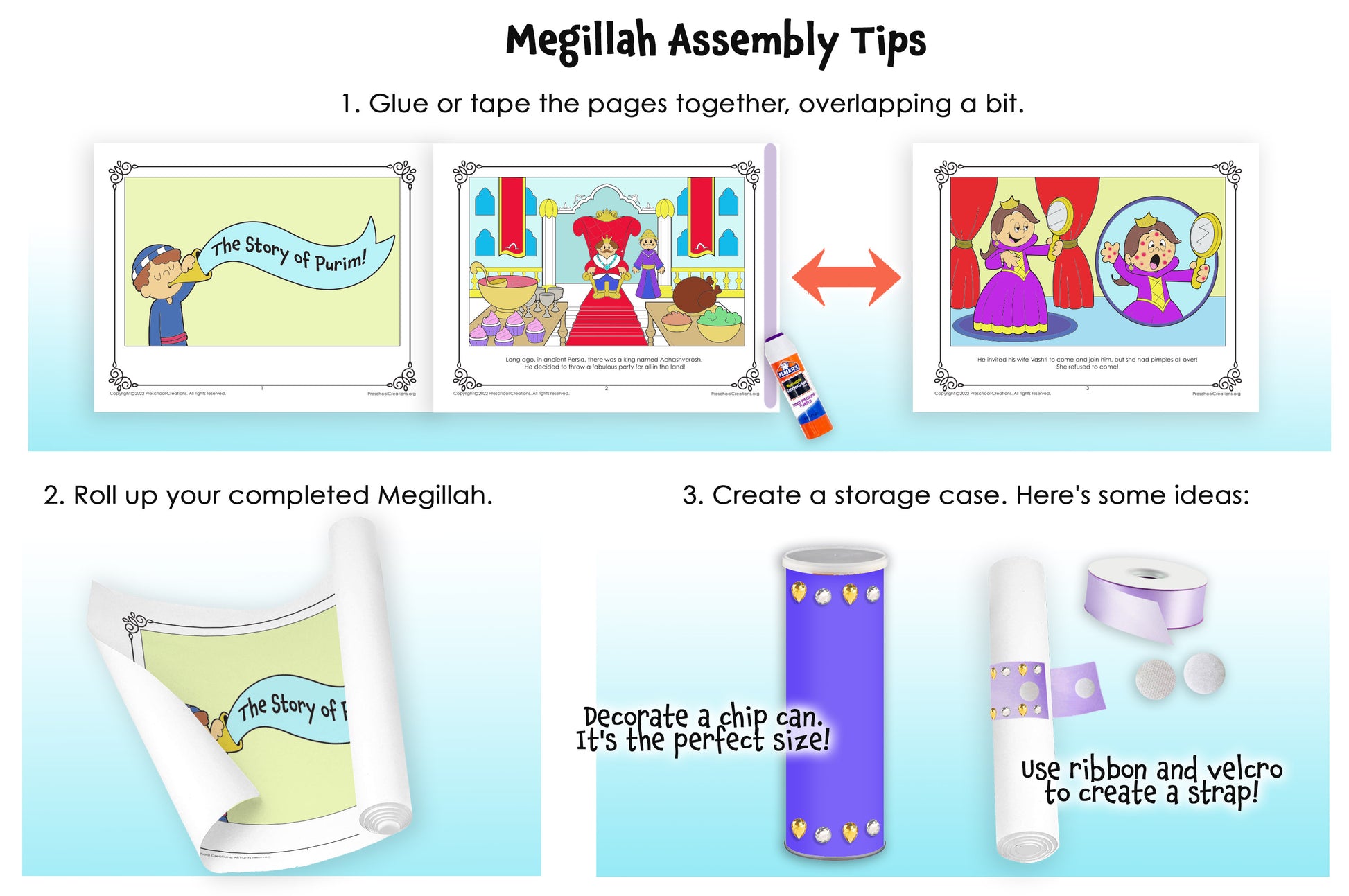 17 beautifully illustrated pages to color your own Megillah.   This megillah is truly one of a kind. It reads like a storybook and has the cutest black and white heavily detailed illustrations. You can use this megillah in your classroom, at shul or at your own Purim party during the megillah reading to keep the kids entertained.  Suggested uses:  Glue or tape the pages together and roll it into a long megillah Staple or bind into a beautiful book Print out for the kids to color during megillah reading.