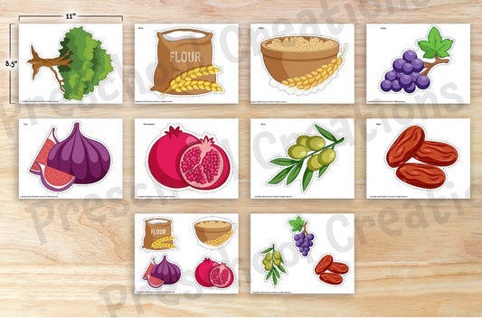 10 Full color pages of adorable Puppets and Props/Bulletin Board Décor for Tu B'shevat - the new year for the trees.  You can use these items to decorate your bulletin board, use as teaching aids or create puppets with them.  What's included?  Tree Large and Small versions of the shivat haminim - 7 species wheat barely grapes figs pomegranates olives dates