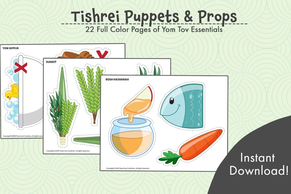Adorable puppets to enhance your preschool classroom. Full curriculum to teach about High Holidays, Yomim Noraim, Rosh Hashanah, Jewish New Year, Yom Kippur, Sukkot, Sukkos, Simchat Torah, Simchas Torah