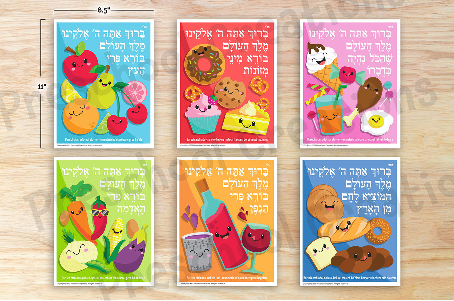 Full-color Brachos Poster showing blessings for different foods, available in Hebrew and with transliteration.