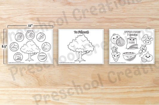 3 Black and white coloring pages for Tu B'shevat depicting a tree, the 7 special kinds that Israel is blessed by and a picture of both together.  You can use the tree picture as a baseline for any Tu B'shevat project you are doing. A family tree, fruits on the tree and more.  A tu b'shevat Tree Large and Small versions of the shivat haminim - 7 species wheat barely grapes figs pomegranates olives dates. 7 species of Israel celebrating the birthday and new year of the trees.
