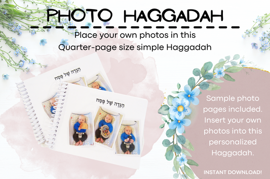 Are you looking for a personalized simple Haggadah? I made this one for my family and we love that is has photos of us!   Each page contains 4 pages per sheet. This quarter size Haggadah can be bound at the side and will easily fit on a crowded Passover Seder table. I had it bound with spiral binding with a plastic cover on the front and back.  Haggadah file contains 4 Full size pages made up of 16 quarter size pages. Print on cardstock and bind when complete.