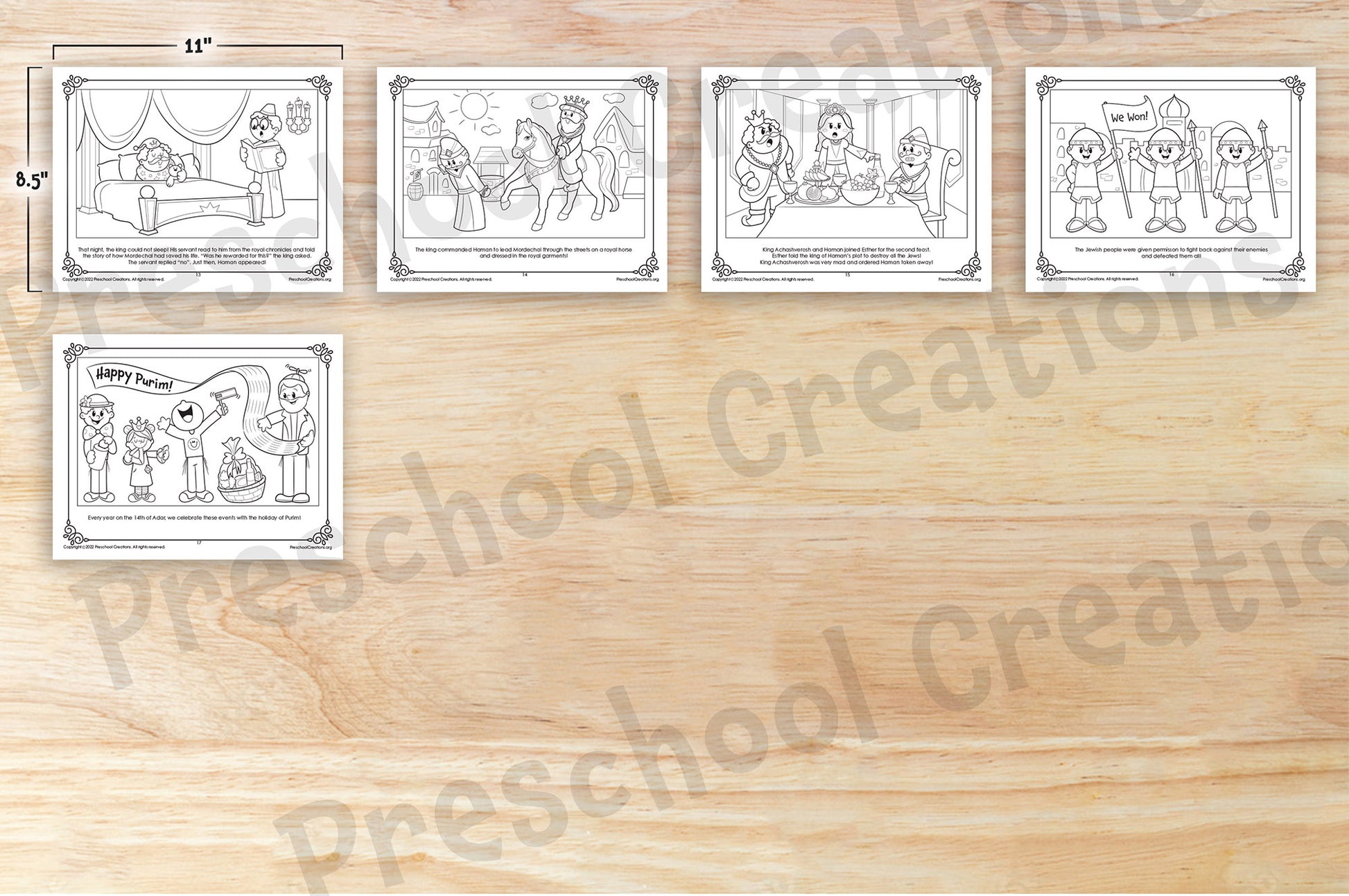 17 beautifully illustrated pages to color your own Megillah.   This megillah is truly one of a kind. It reads like a storybook and has the cutest black and white heavily detailed illustrations. You can use this megillah in your classroom, at shul or at your own Purim party during the megillah reading to keep the kids entertained.  Suggested uses:  Glue or tape the pages together and roll it into a long megillah Staple or bind into a beautiful book Print out for the kids to color during megillah reading