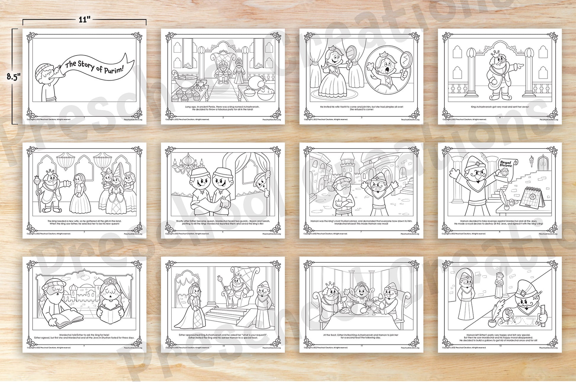 17 beautifully illustrated pages to color your own Megillah.   This megillah is truly one of a kind. It reads like a storybook and has the cutest black and white heavily detailed illustrations. You can use this megillah in your classroom, at shul or at your own Purim party during the megillah reading to keep the kids entertained.  Suggested uses:  Glue or tape the pages together and roll it into a long megillah Staple or bind into a beautiful book Print out for the kids to color during megillah reading