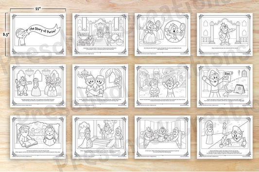 17 beautifully illustrated pages to color your own Megillah.   This megillah is truly one of a kind. It reads like a storybook and has the cutest black and white heavily detailed illustrations. You can use this megillah in your classroom, at shul or at your own Purim party during the megillah reading to keep the kids entertained.  Suggested uses:  Glue or tape the pages together and roll it into a long megillah Staple or bind into a beautiful book Print out for the kids to color during megillah reading