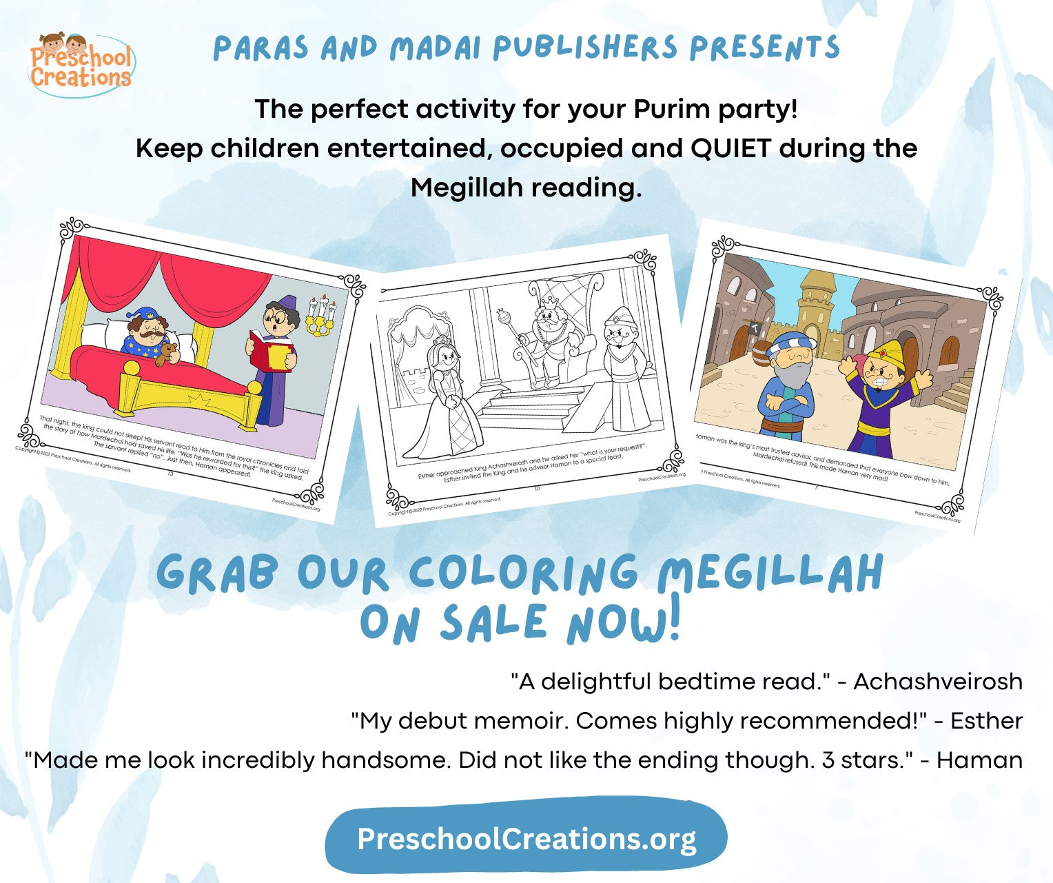 17 beautifully illustrated pages to color your own Megillah.   This megillah is truly one of a kind. It reads like a storybook and has the cutest black and white heavily detailed illustrations. You can use this megillah in your classroom, at shul or at your own Purim party during the megillah reading to keep the kids entertained.  Suggested uses:  Glue or tape the pages together and roll it into a long megillah Staple or bind into a beautiful book Print out for the kids to color during megillah reading