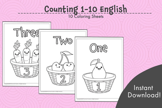 10 black and white coloring pages depicting numbers 1-10 in English.  Help your children learn to count in a fun and engaging way with our Counting 1-10 coloring pages in English!   Make learning to count fun for your kids with this set of 10 coloring pages featuring numbers from 1 to 10 written in English. Let their imaginations take over as they learn a new language while embracing their creativity. Perfect for home or school!