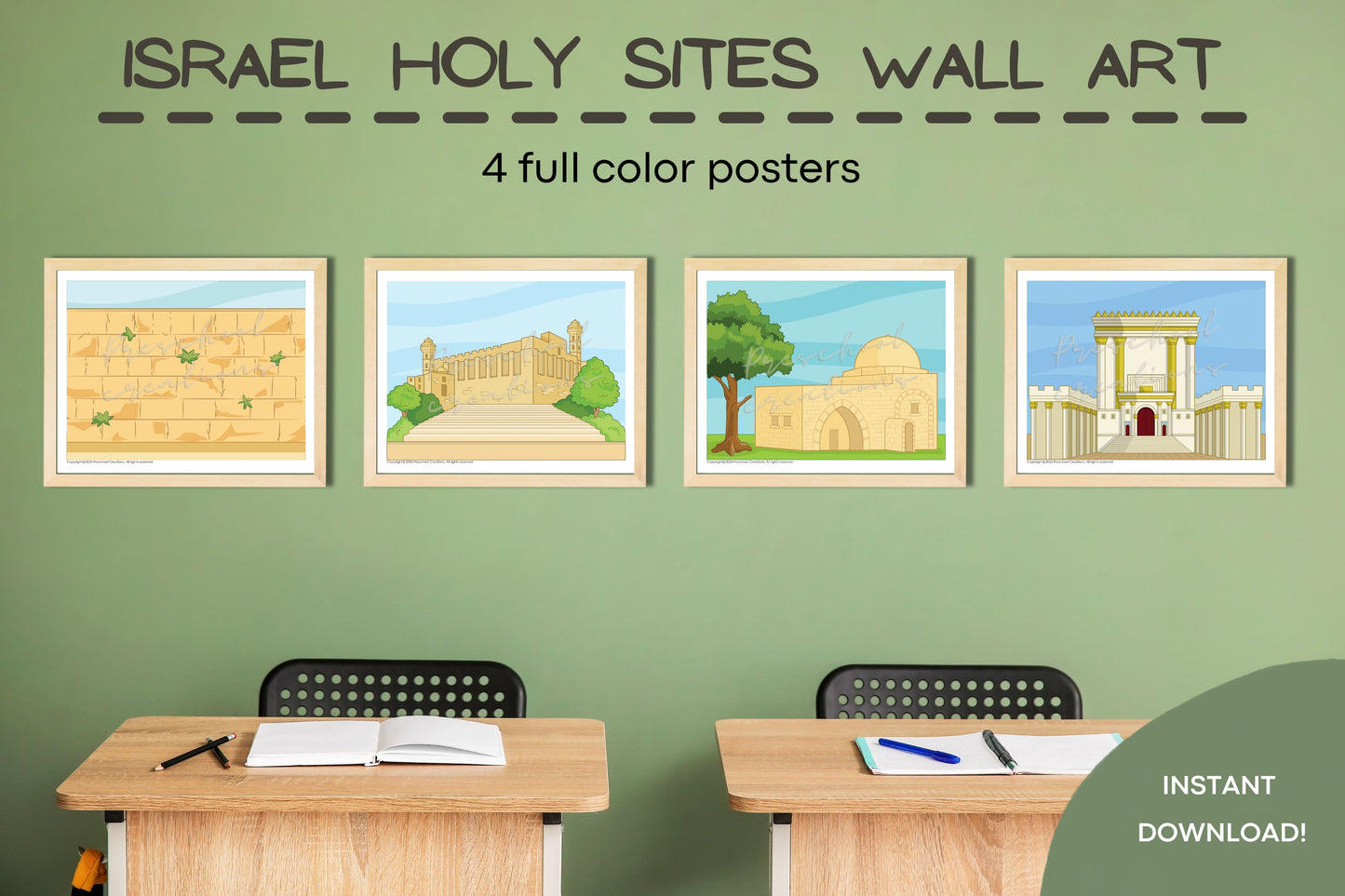 Preview of 4 full-color images of holy sites in Israel: Kever Rochel, Me'arat HaMachpelah, the Kotel, and the Beis HaMikdash, sized 8.5x11 inches each.