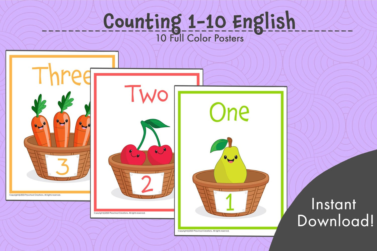 10 pages of full color posters depicting numbers 1-10 in English.   Help your children learn English numbers in a fun and engaging way with our Counting 1-10 posters in English!  With 10 full-color posters featuring numbers 1-10 in vivid English letters, accompanied by captivating illustrations, your children will learn counting quickly and easily.  What are you waiting for? Start your children on the path of learning numbers today