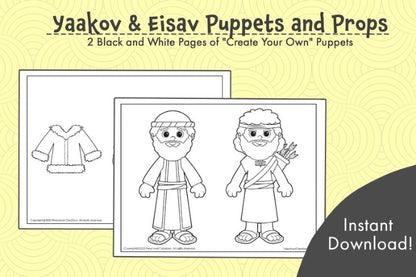 Create your own Yaakov and Esav puppets for your students to cut out the characters, color them, and attach a popsicle stick so that they can retell the story of the parsha at home to their families. Parshat Toldot tells the story of Yaakov and Esav.   Your students can decorate them with different craft items. Googly eyes, fake hair, paint etc.  Bring your parsha lessons to life with these Yaakov and Esav puppets!