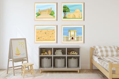 Preview of 4 full-color images of holy sites in Israel: Kever Rochel, Me'arat HaMachpelah, the Kotel, and the Beis HaMikdash, sized 8.5x11 inches each.