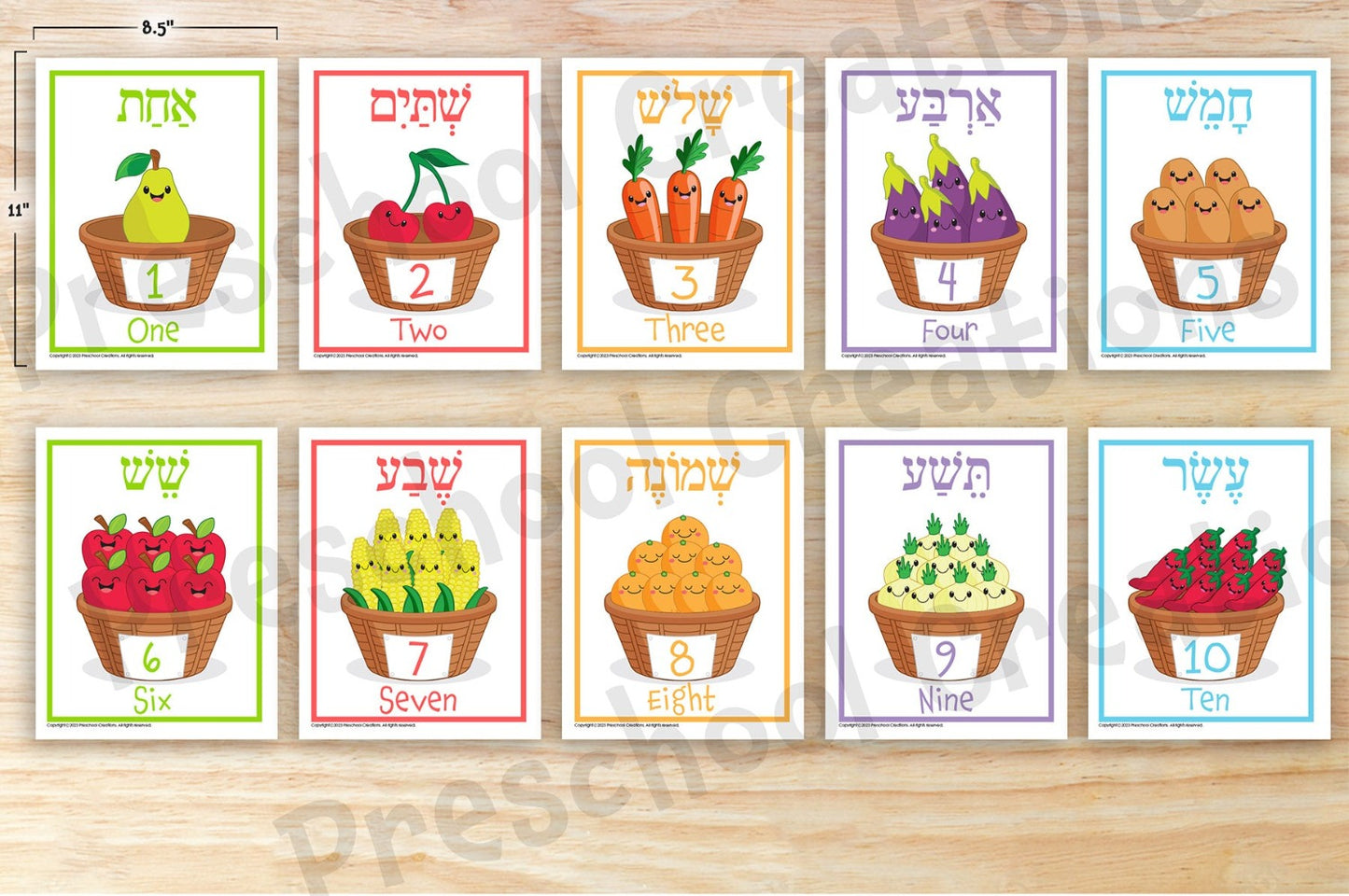 10 pages of full color posters  Help your children learn Hebrew numbers in a fun and engaging way with our Counting 1-10 posters in Hebrew!  With 10 full-color posters featuring numbers 1-10 in vivid Hebrew, accompanied by captivating illustrations, your children will learn counting quickly and easily.  What are you waiting for? Start your children on the path of learning Hebrew numbers today