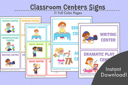 Set of 14 colorful preschool classroom center signs plus 2 blank templates, featuring inclusive illustrations of Jewish kids, available in 2 sizes for easy printing.
