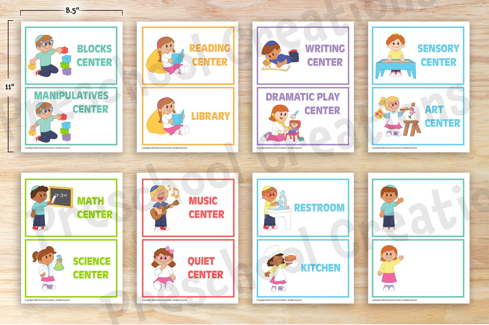Set of 14 colorful preschool classroom center signs plus 2 blank templates, featuring inclusive illustrations of Jewish kids, available in 2 sizes for easy printing.