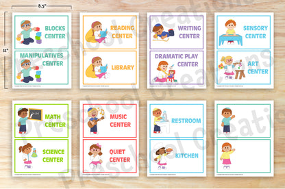 Set of 14 colorful preschool classroom center signs plus 2 blank templates, featuring inclusive illustrations of Jewish kids, available in 2 sizes for easy printing.