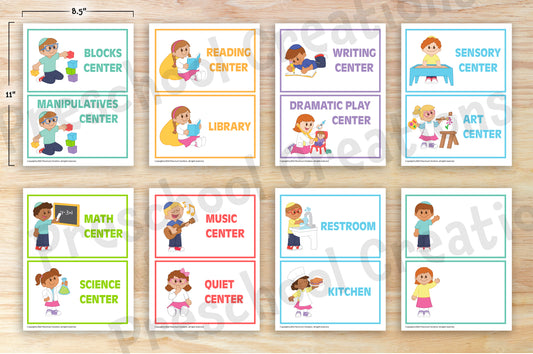 Set of 14 colorful preschool classroom center signs plus 2 blank templates, featuring inclusive illustrations of Jewish kids, available in 2 sizes for easy printing.