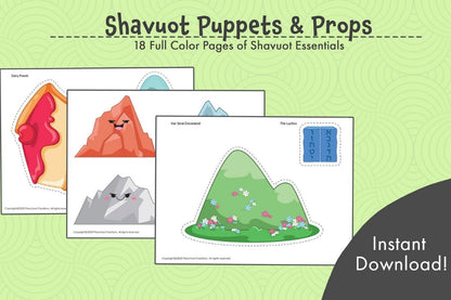 18 Full color pages of adorable Puppets and Props/Bulletin Board Decor for the holiday of Shavuot / Shavuos. Create an immersive Shavuot learning experience with these puppets & props. Perfect for a bulletin board display, or visual aids for teaching, these decorations bring the holiday of Shavuot to life - from receiving the Torah to the story of the mountains fighting, Megillat Rut, and customs of Shavuot. With these puppets, learning is fun! 