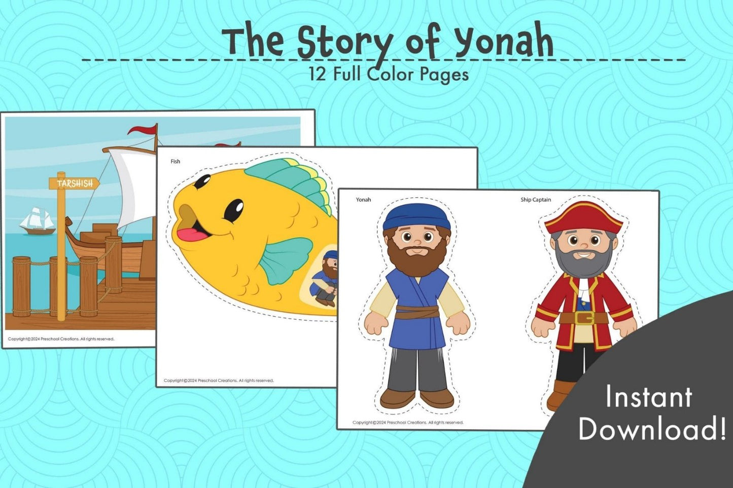 Story of Yonah puppet set – includes colorful images of Yonah, the ship, big fish, city of Nineveh, sea, captain, sailors, king of Nineveh, and more.