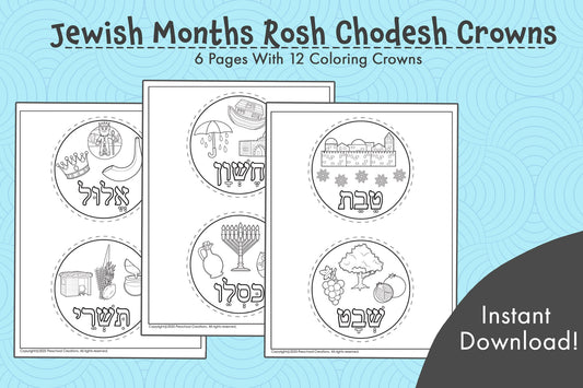 Set of 6 black and white Rosh Chodesh crown coloring pages featuring all 12 Jewish months. Each crown highlights the holidays and themes of its month—perfect for teaching the Jewish calendar through coloring and creativity in the classroom or at home.