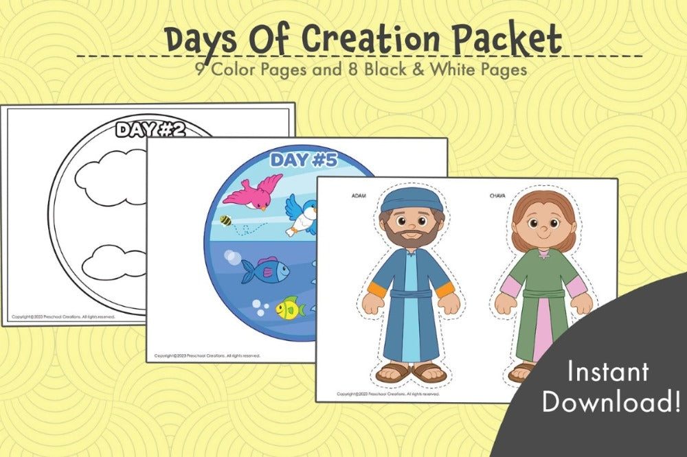 6 days of creation, parshat bereishit, genesis, adam and eve, adam and chava, shabbat, shabbos puppets and coloring pages