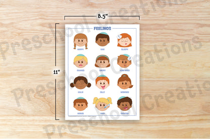 Feelings chart featuring 12 emotions with inclusive Jewish kids, available in 2 sizes for classroom or home use.